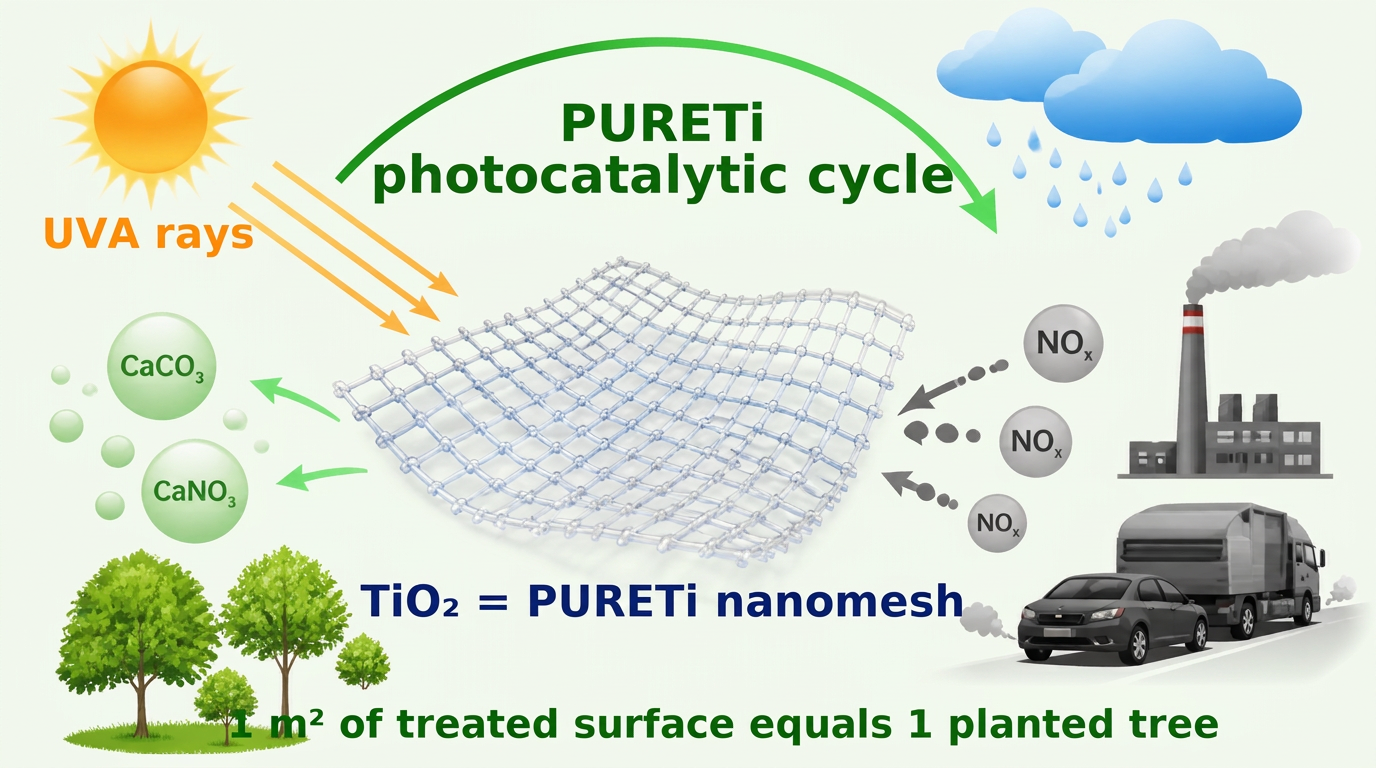 The PURETi photocatalytic cycle: UVA rays activate the TiO2 PURETi nanomesh, which breaks down NOx pollution; one square metre of treated surface matches the air cleaning effect of one planted tree.