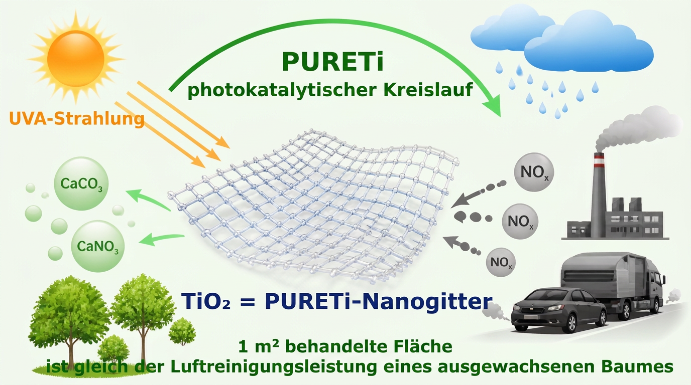 Der photokatalytische PURETi-Kreislauf: UVA-Strahlung aktiviert das TiO2-PURETi-Nanogitter, das NOx-Luftschadstoffe abbaut; ein Quadratmeter behandelte Fläche entspricht der Luftreinigungsleistung eines ausgewachsenen Baumes.